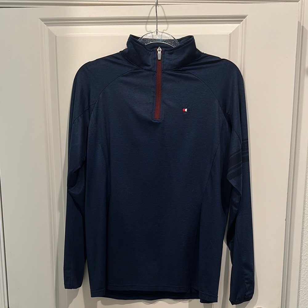 Premier Equine UK, L, Navy Blue Quarter-Zip Pullover w/ Maroon accent zipper.